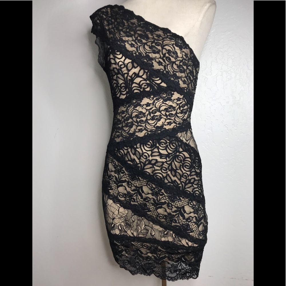 BEBE Black One Shoulder Form Fitting Dress Small - Picture 2 of 6